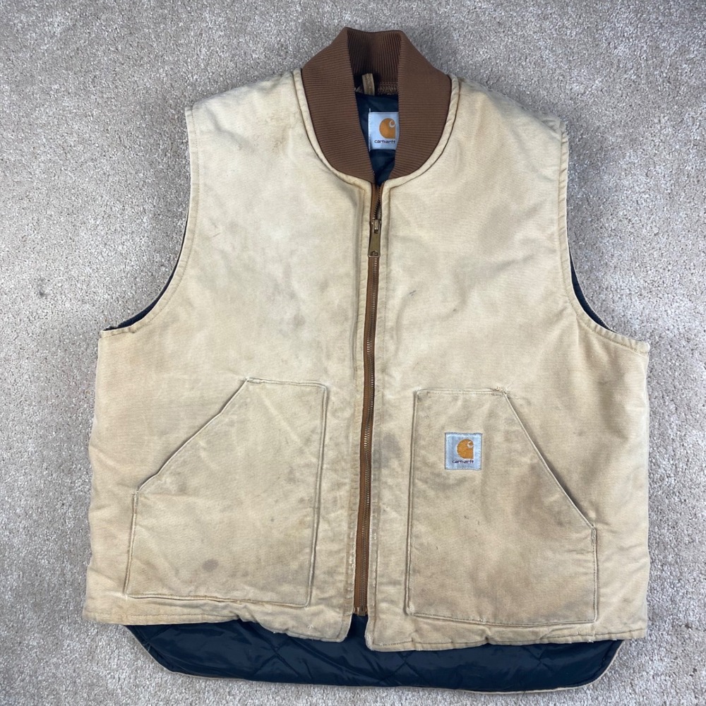 Vintage Carhartt Arctic Vest Tan Duck Canvas Quilted Distressed Mens Large